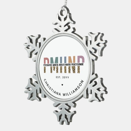 PMHNP Leopard Print Psychiatric Mental Health NP Schneeflocken Zinn-Ornament (Rechts)