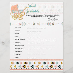 Pocahontas/Boho Baby Dusche Word Scramble Game Flyer