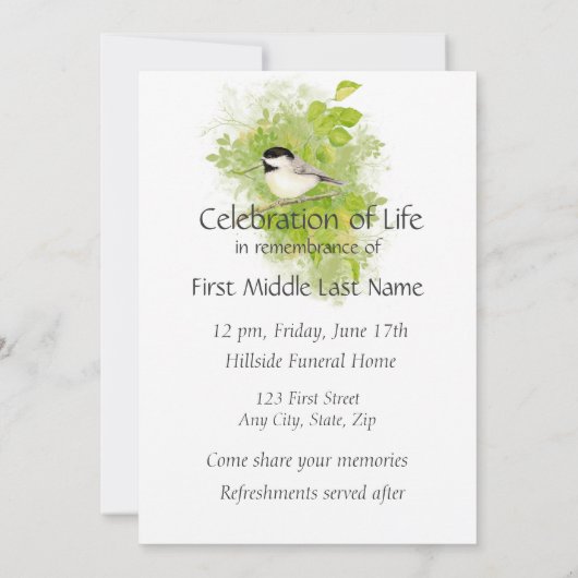 Pocket Keepake Gedenkstätte Chickadee Natur Bird A Einladung (Rückseite)