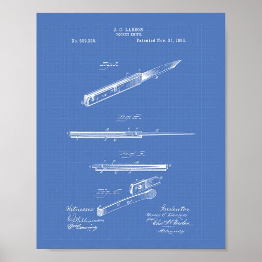 Pocket Knife 1893 Patent Art Blueprint Poster (Vorne)