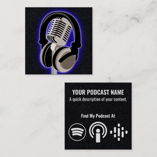 Podcast glühende blaue Kopfhörer und Mikrofon Quadratische Visitenkarte (Vorne/Hinten)