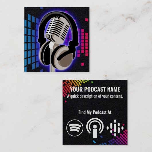 Podcast glühende Mikrofon Kopfhörer Blau Schwarz S Quadratische Visitenkarte (Vorne/Hinten)