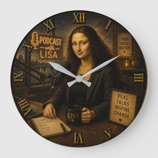 Podcast Host Funny Mona Lisa Große Wanduhr (Vorderseite)