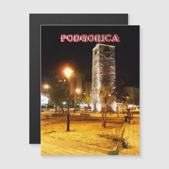 Podgorica - Montenegro - The Clock Tower at Night Magnetkarte (Vorne/Hinten)