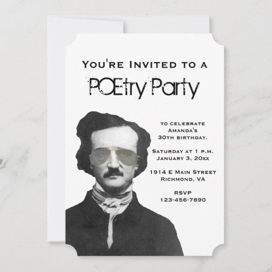 POE-Party Einladungen mit Edgar Allan Poe (Vorderseite)