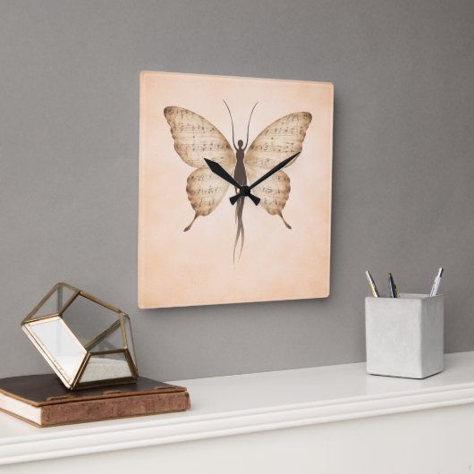 Poetic Butterfly Form Square Clock Quadratische Wanduhr (Büro)