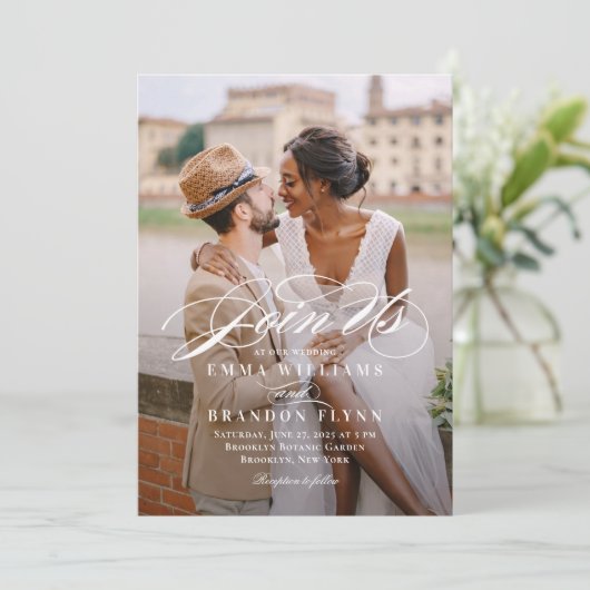 Poetic Script Foto Hochzeitsfeier PSC Einladung (Stehend Vorderseite)