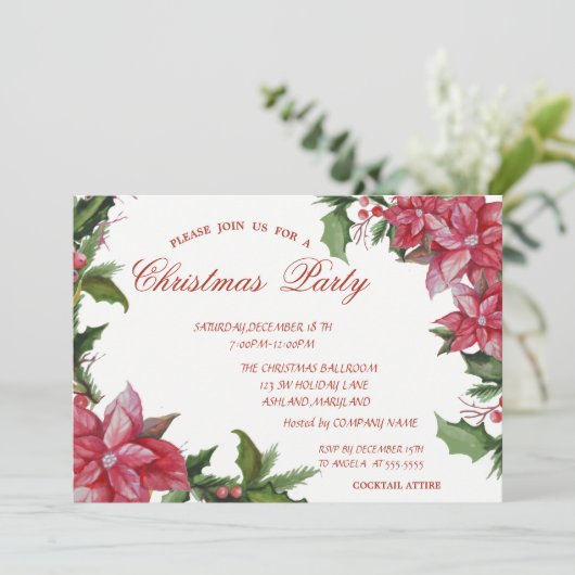 Poinsetta, Weihnachts-Party der Roten Unternehmen Einladung (Stehend Vorderseite)