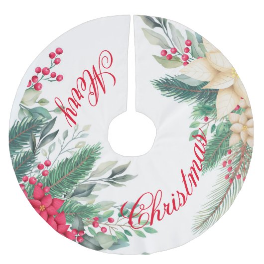 "Poinsettia and Red Berry" Weihnachtsbaumrock Polyester Weihnachtsbaumdecke (Vorderseite)