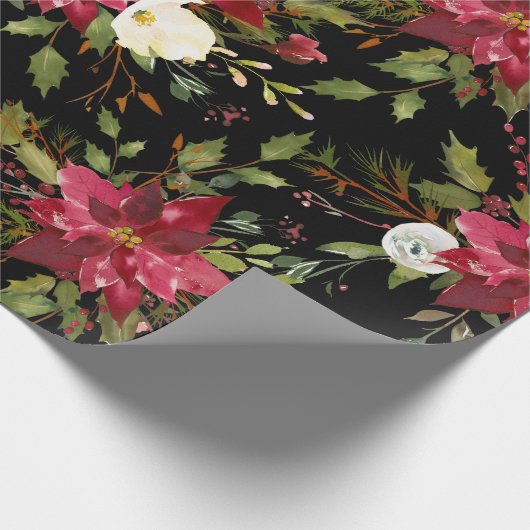 Poinsettia-Aquarell-Blumenweihnachtsschwarz-Rot Geschenkpapier (Ecke)