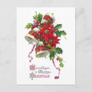 Poinsettia Bells and Holly Vintage Christmas Feiertagspostkarte