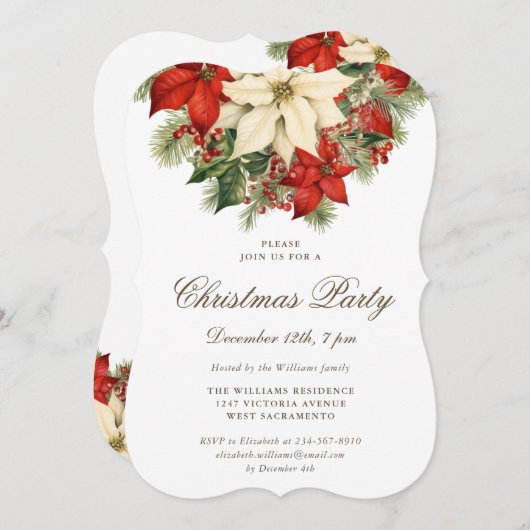 Poinsettia Berries Botanical Christmas Party Einladung (Vorne/Hinten)