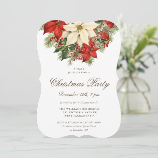 Poinsettia Berries Botanical Christmas Party Einladung (Stehend Vorderseite)