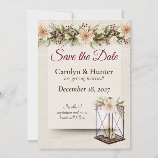 Poinsettia & Berries Elegante Hochzeit Save The Date (Vorderseite)