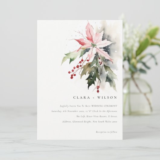Poinsettia Berries Foliage Water color Wedding Einladung (Stehend Vorderseite)