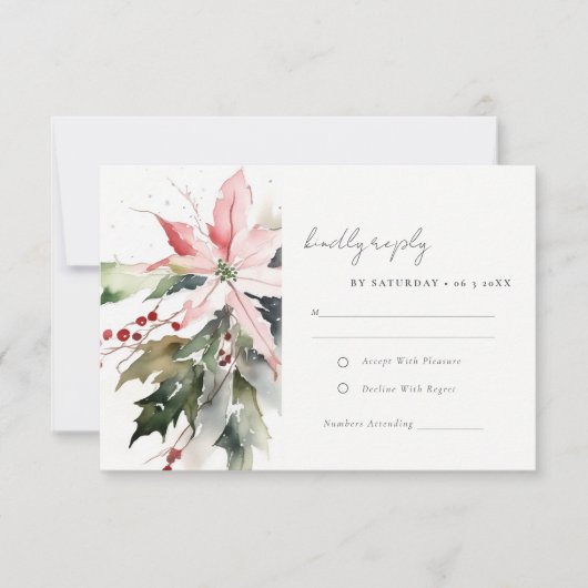 Poinsettia Berries Foliage Water color Wedding RSVP Karte (Vorderseite)