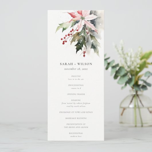 Poinsettia Berries Foliage Wedding Program Card Einladung (Stehend Vorderseite)