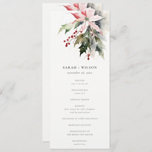 Poinsettia Berries Foliage Wedding Program Card Einladung (Vorne/Hinten)