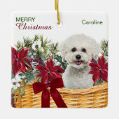 Poinsettia Bichon Frise Weihnachtskorb Keramikornament (Vorderseite)