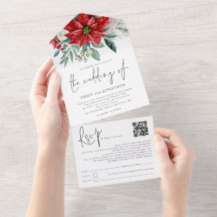 Poinsettia-Blatt QR-Code Schrift Hochzeit All In One Einladung