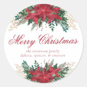 Poinsettia Blume Rot und Grün Runder Aufkleber (Vorderseite)