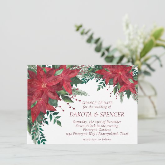 Poinsettia Blume Rot und Grün Weihnachten Hochzeit Einladung (Stehend Vorderseite)