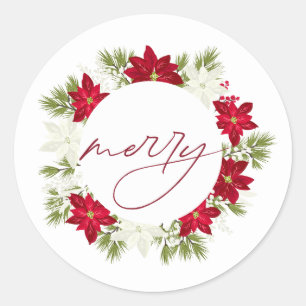 Poinsettia Blume und Pine Round Merry Runder Aufkleber
