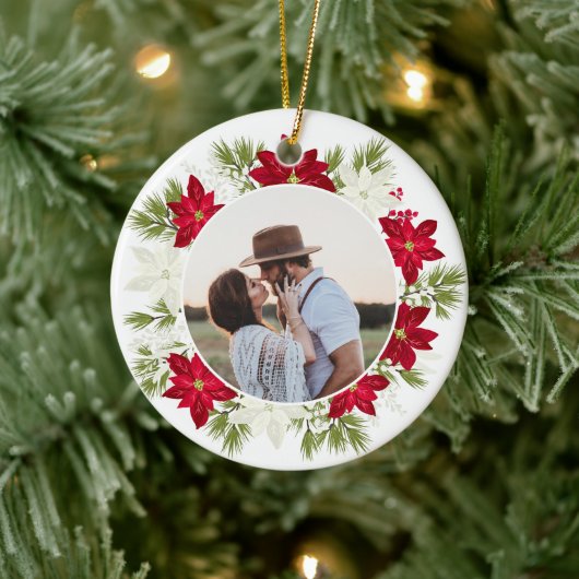 Poinsettia Blume und Pinienwälder Weihnachten Keramik Ornament (Baum)