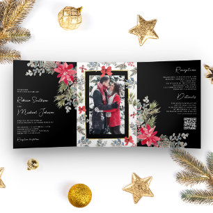 Poinsettia Blumen QR Code Schwarze Weihnachtshochz Dreifach Gefaltete Einladung