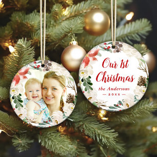 Poinsettia Blumenreath Erstes Weihnachtsfest Foto Ornament