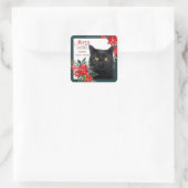 Poinsettia Border Black Cat Weihnachten Quadratischer Aufkleber (Tasche)