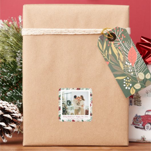Poinsettia Border Square Holiday Foto Sticker (Feiertag)