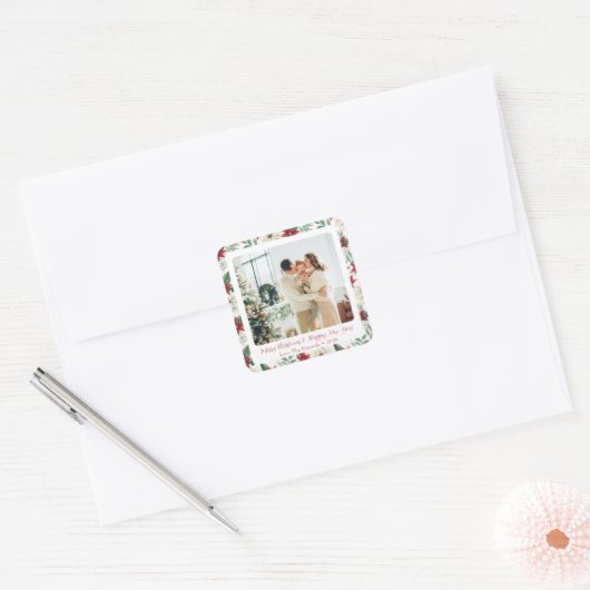 Poinsettia Border Square Holiday Foto Sticker (Umschlag)