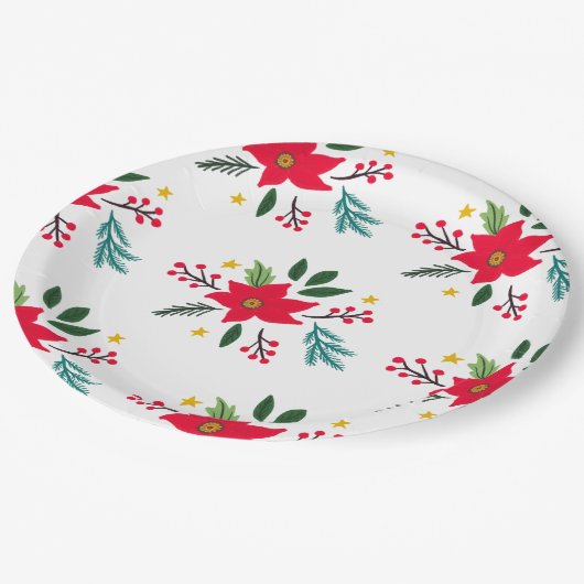 Poinsettia Botanicals Folies Weihnachten Pappteller (Schrägansicht)