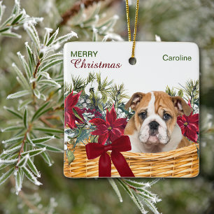 Poinsettia Bulldog Welpe Christmas Basket Keramikornament