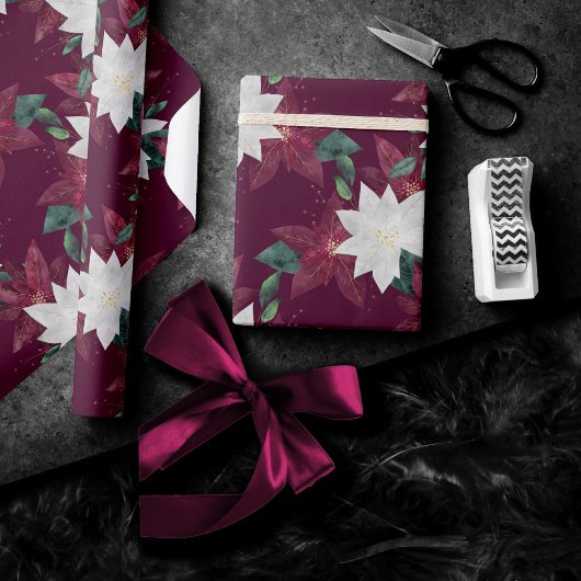 Poinsettia Burgund und Aquamarine Winterferien Geschenkpapier