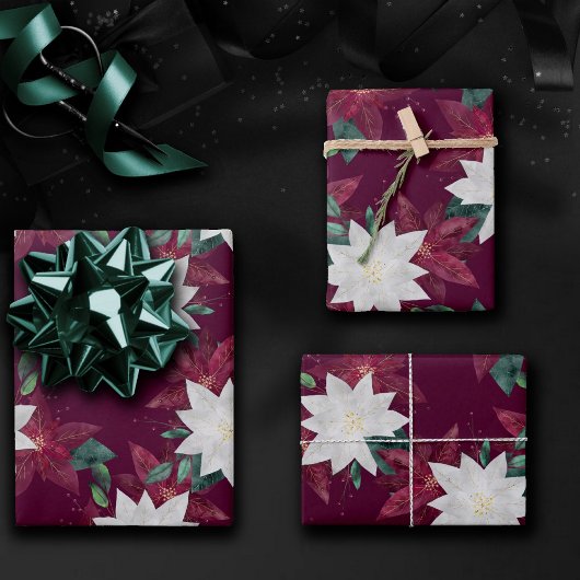 Poinsettia Burgund und Aquamarine Winterferien Geschenkpapier Set