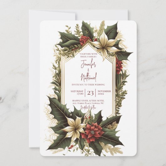 Poinsettia Burgundy Gold Xmas Floral Wedding Einladung (Vorderseite)