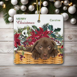 Poinsettia Chocolate Labrador Weihnachtskorb Keramikornament