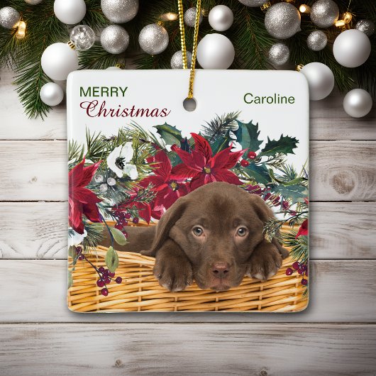 Poinsettia Chocolate Labrador Weihnachtskorb Keramikornament