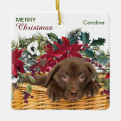 Poinsettia Chocolate Labrador Weihnachtskorb Keramikornament (Vorderseite)