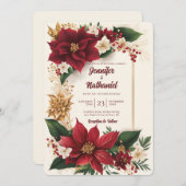 Poinsettia Christmas Burgundy Gold Floral Wedding Einladung (Vorne/Hinten)
