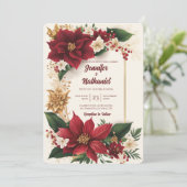 Poinsettia Christmas Burgundy Gold Floral Wedding Einladung (Stehend Vorderseite)