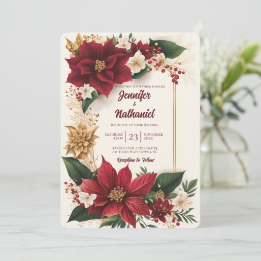 Poinsettia Christmas Burgundy Gold Floral Wedding Einladung (Stehend Vorderseite)