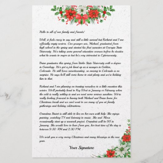 Poinsettia Christmas Family Newsletter Ihr Text Briefpapier (Vorderseite)