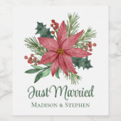 Poinsettia Christmas Floral Just Married Wedding Weinetikett (Einzelnes Label)