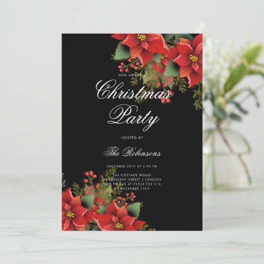 Poinsettia Christmas Invite Program & Menu Black Einladung (Stehend Vorderseite)