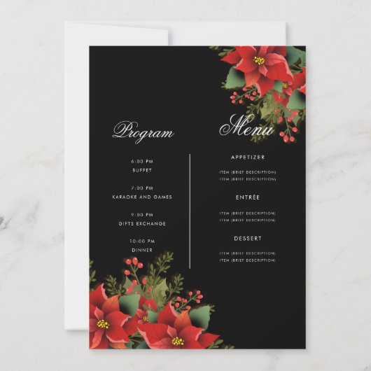 Poinsettia Christmas Invite Program & Menu Black Einladung (Rückseite)