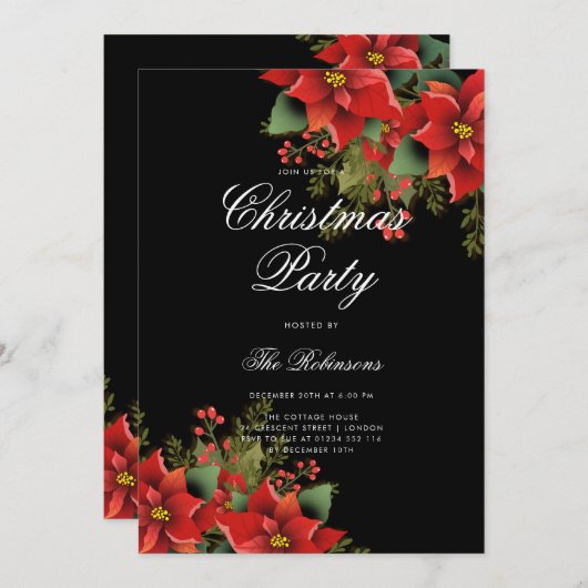 Poinsettia Christmas Invite Program & Menu Black Einladung (Vorne/Hinten)
