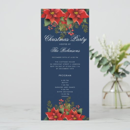 Poinsettia Christmas Invite Program & Menu Navy Einladung (Stehend Vorderseite)